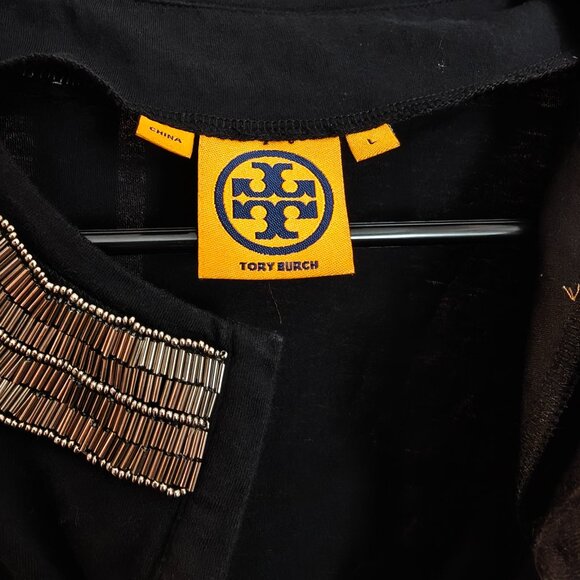 Tory Burch Black Beaded Collar Long Sleeve Top 100% Cotton Dressy Casual- Size L - Picture 6 of 7